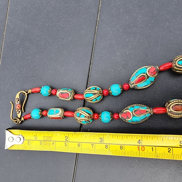 Tibetan crushed turquoise Coral Tibet statement necklace jewelry - Picture 6 of 8